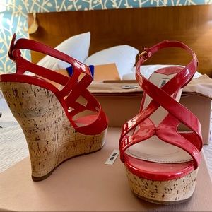 Mini Miu Cork Red Black Patent Leather Wedges